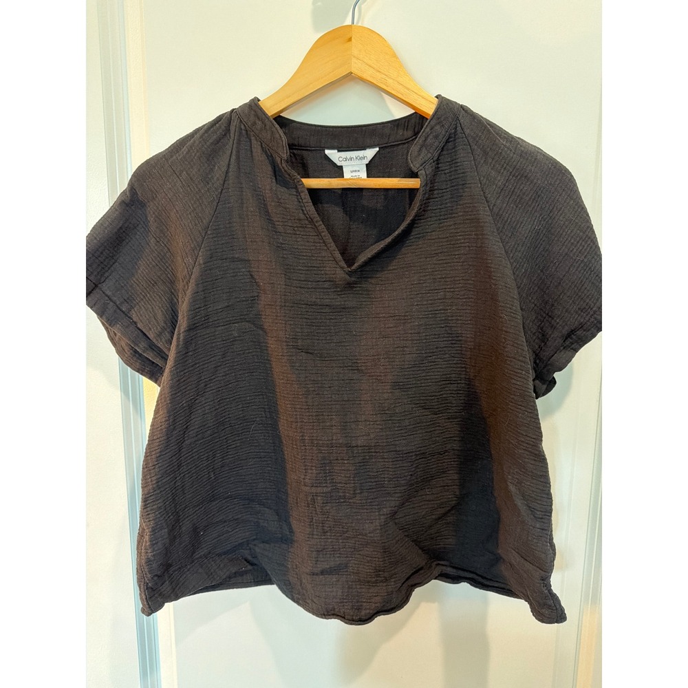 Calvin Klein Women Black Gauze Split Neck Short Sleeve Blouse Small